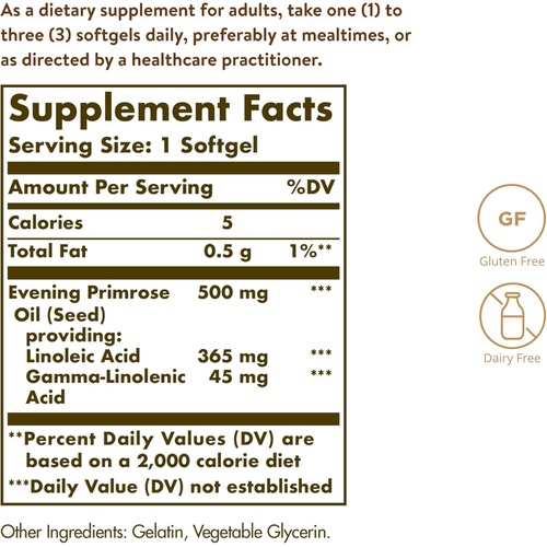  Solgar Evening Primrose Oil 500 mg, 180 Softgels - Promotes Healthy Skin & Cardiovascular Health - Nutritional Support for Women - Gluten Free, Dairy Free - 180 Servings