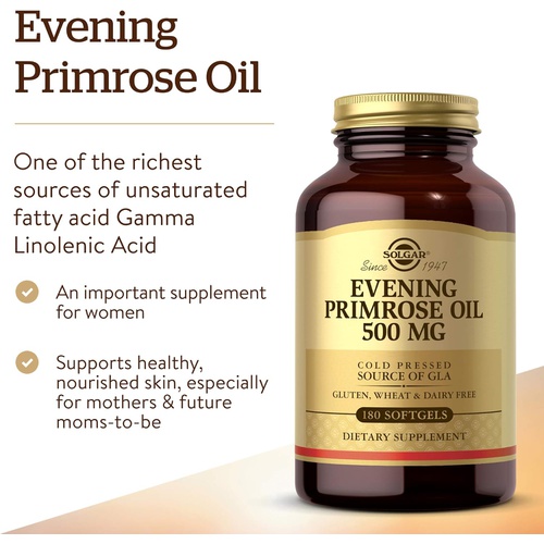  Solgar Evening Primrose Oil 500 mg, 180 Softgels - Promotes Healthy Skin & Cardiovascular Health - Nutritional Support for Women - Gluten Free, Dairy Free - 180 Servings