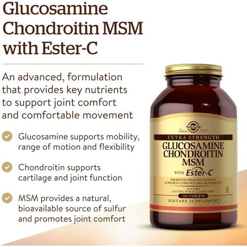  Solgar Extra Strength Glucosamine Chondroitin MSM w/ Ester-C, - Promotes Healthy Joints, Supports Comfortable Movement & Collagen Formation - 180 Count (Pack of 1)