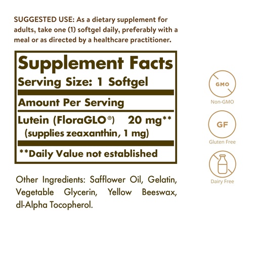  Solgar Lutein 20 mg, 60 Softgels - Supports Eye Health - Helps Filter Out Blue-Light - Contains FloraGLO Lutein - Non-GMO, Gluten Free, Dairy Free - 60 Servings