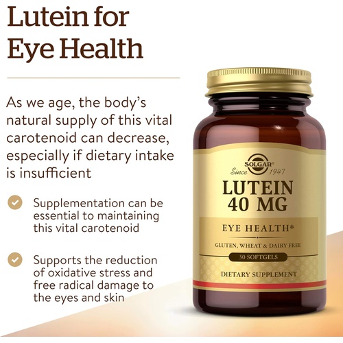  Solgar Lutein 40 mg, 30 Softgels - Supports Eye Health - Helps Filter Out Blue-Light - Contains FloraGLO Lutein - Gluten Free, Dairy Free - 30 Servings