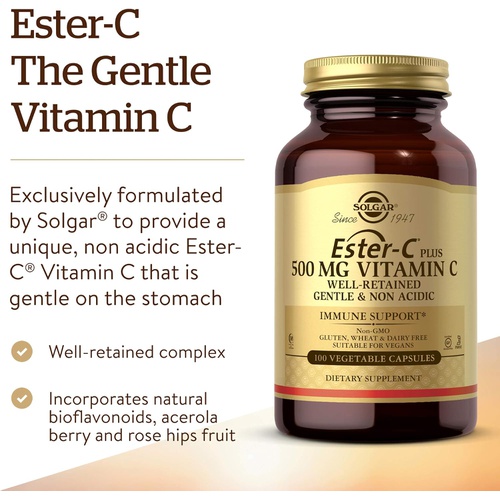  Solgar Ester-C Plus 500 mg Vitamin C (Ascorbate Complex) - Gentle & Non Acidic - Antioxidant & Immune Support - 100 Vegetable Capsules (100 Servings)