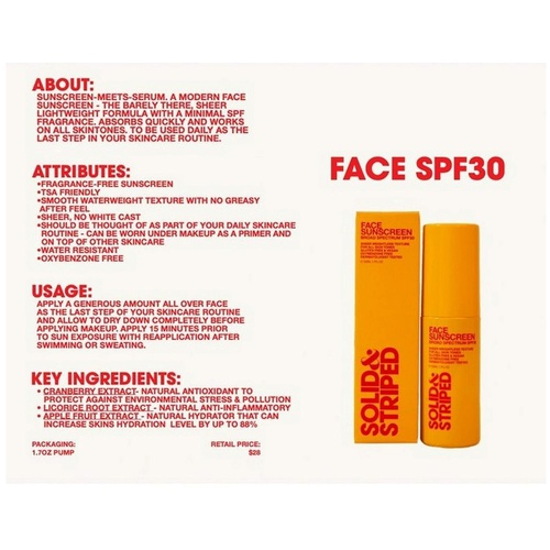  Solid & Striped Face Sunscreen Meets Serum SPF-30 Facial Sunscreen 1.7 oz