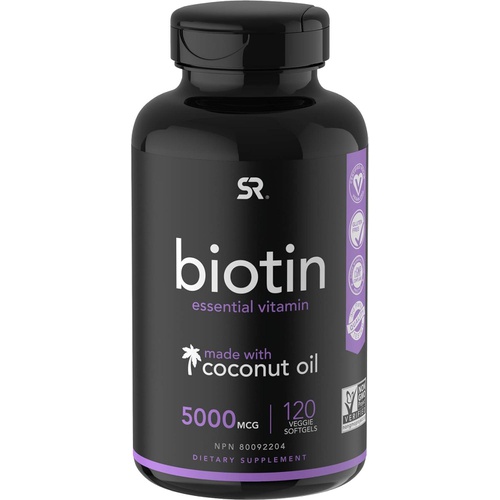  Sports Research Biotin Supplement with Organic Coconut Oil, 5,000mcg, 120 Veggie Softgel Caps