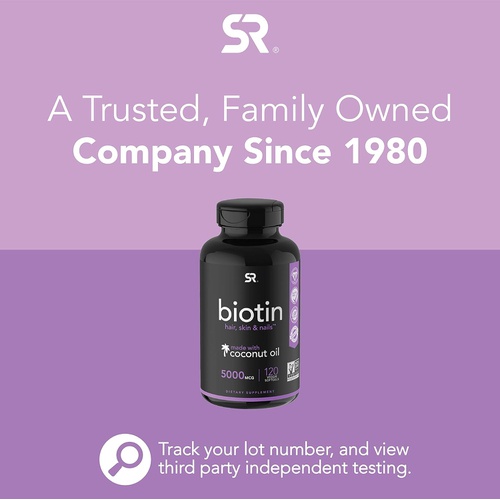  Sports Research Biotin Supplement with Organic Coconut Oil, 5,000mcg, 120 Veggie Softgel Caps