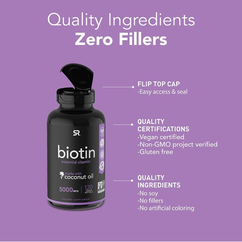  Sports Research Biotin Supplement with Organic Coconut Oil, 5,000mcg, 120 Veggie Softgel Caps