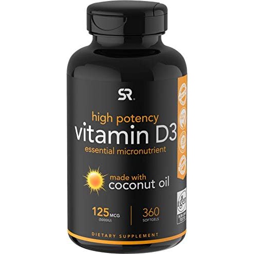  Sports Research Vitamin D3 5000iu (125mcg) with Coconut Oil ~ High Potency Vitamin D for Immune & Bone Support ~ Non-GMO Verified, Gluten & Soy Free (360 Mini-Liquid Softgels)