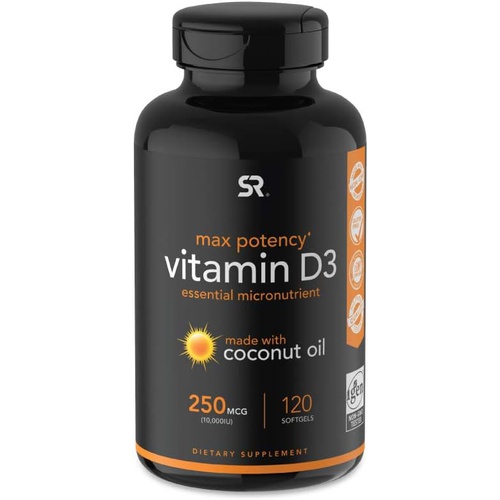  Sports Research Vitamin D3 5000iu (125mcg) with Coconut Oil ~ High Potency Vitamin D for Immune & Bone Support ~ Non-GMO Verified, Gluten & Soy Free (360 Mini-Liquid Softgels)