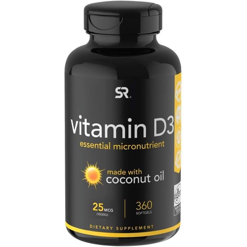  Sports Research Vitamin D3 5000iu (125mcg) with Coconut Oil ~ High Potency Vitamin D for Immune & Bone Support ~ Non-GMO Verified, Gluten & Soy Free (360 Mini-Liquid Softgels)