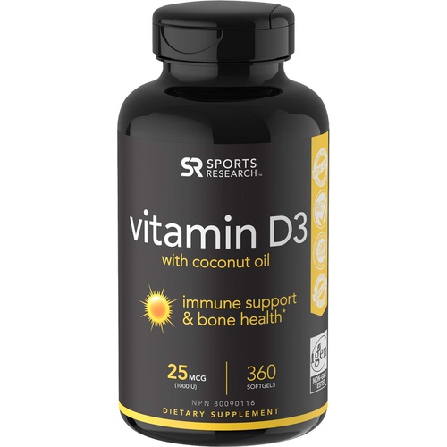  Sports Research Vitamin D3 5000iu (125mcg) with Coconut Oil ~ High Potency Vitamin D for Immune & Bone Support ~ Non-GMO Verified, Gluten & Soy Free (360 Mini-Liquid Softgels)