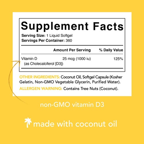  Sports Research Vitamin D3 1000iu (25mcg) Infused with Coconut Oil ~ Immune & Bone Support ~ Non-GMO Verified, Soy & Gluten Free (360 Mini Liquid Softgels)