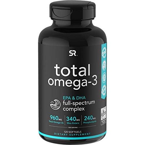  Sports Research Total Omega-3 Fish Oil from Wild Sockeye Salmon, Alaskan Pollock, Antarctic Krill Oil, Astaxanthin + Phospholipids & Wax Esters for Better Absorption 960mg of EPA & DHA Fatty Acids