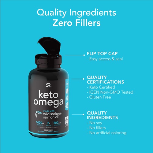  Sports Research Keto Omega Fish Oil with Wild Sockeye Salmon, Antarctic Krill Oil, Astaxanthin & Coconut MCT Oil ~ 1200mg of EPA & DHA per Serving ~ Keto Certified & Non-GMO Verified (120 softgels