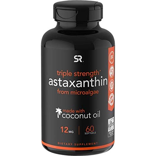  Sports Research Triple Strength Astaxanthin Supplement from Algae w/ Organic Coconut Oil - Natural Support for Skin & Eye Health - Non-GMO & Gluten Free - 12mg, 60 Softgels for Adu