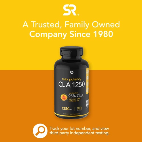  Sports Research Max Potency CLA 1250 (180 Softgels) with 95% Active Conjugated Linoleic Acid Weight Management Supplement for Men and Women Non-GMO, Soy & Gluten Free