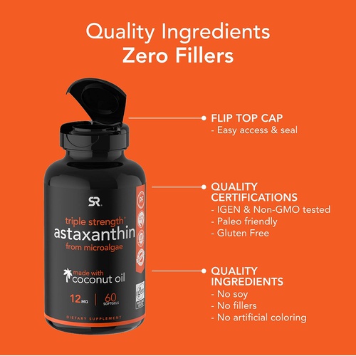  Sports Research Vegan Icelandic Astaxanthin 12mg with Organic Coconut Oil Vegan Certified & Non-GMO Project Verified Dietary Supplement - 60 Veggie Softgels (2 Month Supply)