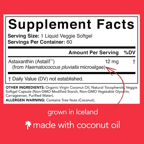  Sports Research Vegan Icelandic Astaxanthin 12mg with Organic Coconut Oil Vegan Certified & Non-GMO Project Verified Dietary Supplement - 60 Veggie Softgels (2 Month Supply)