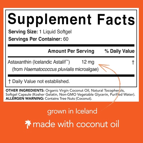  Sports Research Vegan Icelandic Astaxanthin 12mg with Organic Coconut Oil Vegan Certified & Non-GMO Project Verified Dietary Supplement - 60 Veggie Softgels (2 Month Supply)