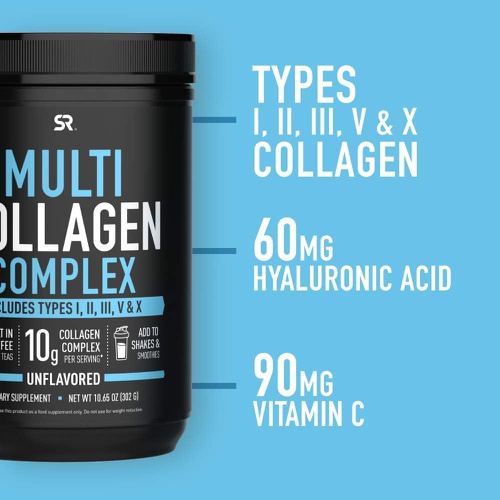  Sports Research Multi Collagen Protein Powder (Type I, II, III, V, X) with Hyaluronic Acid + Vitamin C 5 Types of Food Based Collagen, Great in Coffee & Protein Drinks Non-GMO Verified, 30 Serving