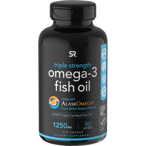  Sports Research Triple Strength Omega 3 Fish Oil - Burpless Fish Oil Supplement w/ EPA & DHA Fatty Acids from Wild Alaskan Pollock - Heart, Brain & Immune Support for Men & Women -