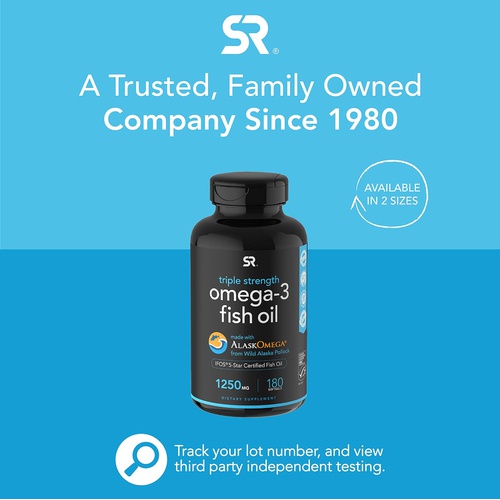  Sports Research Triple Strength Omega 3 Fish Oil - Burpless Fish Oil Supplement w/ EPA & DHA Fatty Acids from Wild Alaskan Pollock - Heart, Brain & Immune Support for Men & Women -