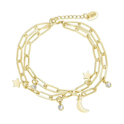  Sterling Forever CZ, Moon, & Star Double Chain Bracelet