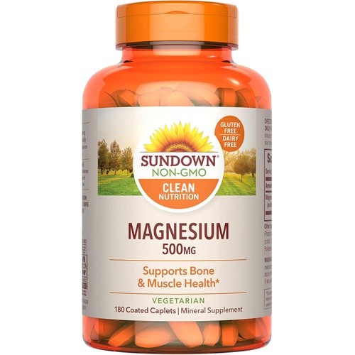  Sundown Magnesium Supplement, Non-GMO, Gluten-Free, Dairy-Free, Vegetarian, 500mg Coated Caplets, 180 Count, 6 Month Supply