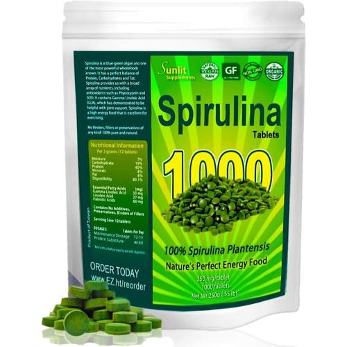  Sunlit Best Green Organics Spirulina Tablets (Mega-Pack 1000 Tablets). Organic, raw, Non-GMO. 100% Pure Green Superfood Spirulina Plantensis Supplement. Maximum Protein and Chlorophyll. No preservatives or f