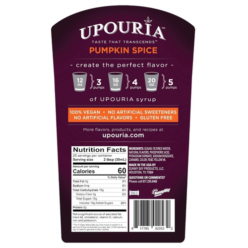  Sunny Sky Upouria Pumpkin Spice Coffee Flavoring Syrup, 750ml bottle - Coffee Syrup Pump Included