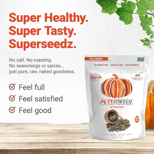  Superseedz Raw Pumpkin Seeds (Pepitas) No Shell | Whole 30, Paleo, Vegan & Keto Friendly | 9g Plant Based Protein | Produced In USA | Nut Free | Fresh Gluten Free Snack | (1 LB Bag