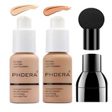 SuperThinker 2 Colors PHOERA Liquid Foundation Makeup Set, Matte Oil Control Concealer Foundation Cream with Mushroom Head, Long Lasting Flawless Cover Facial Blemish Foundation Makeup for Wome