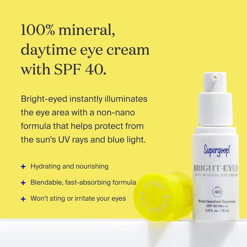  Supergoop! Bright-Eyed 100% Mineral Eye Cream SPF 40, 0.5 fl oz - Hydrating & Illuminating Mineral Sunscreen - Wrinkle Reducing Under Eye Cream For Dark Circles & Puffiness - Reviv