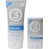 Surface Sun Systems Surface Clear Zinc SPF 50 Sunscreen Lotion (3oz) & Surface Mineral SPF 45 White Face Sunscreen Stick Bundle - Reef Safe, Broad Spectrum UVA/UVB Protection, Ultra Water Resistant -