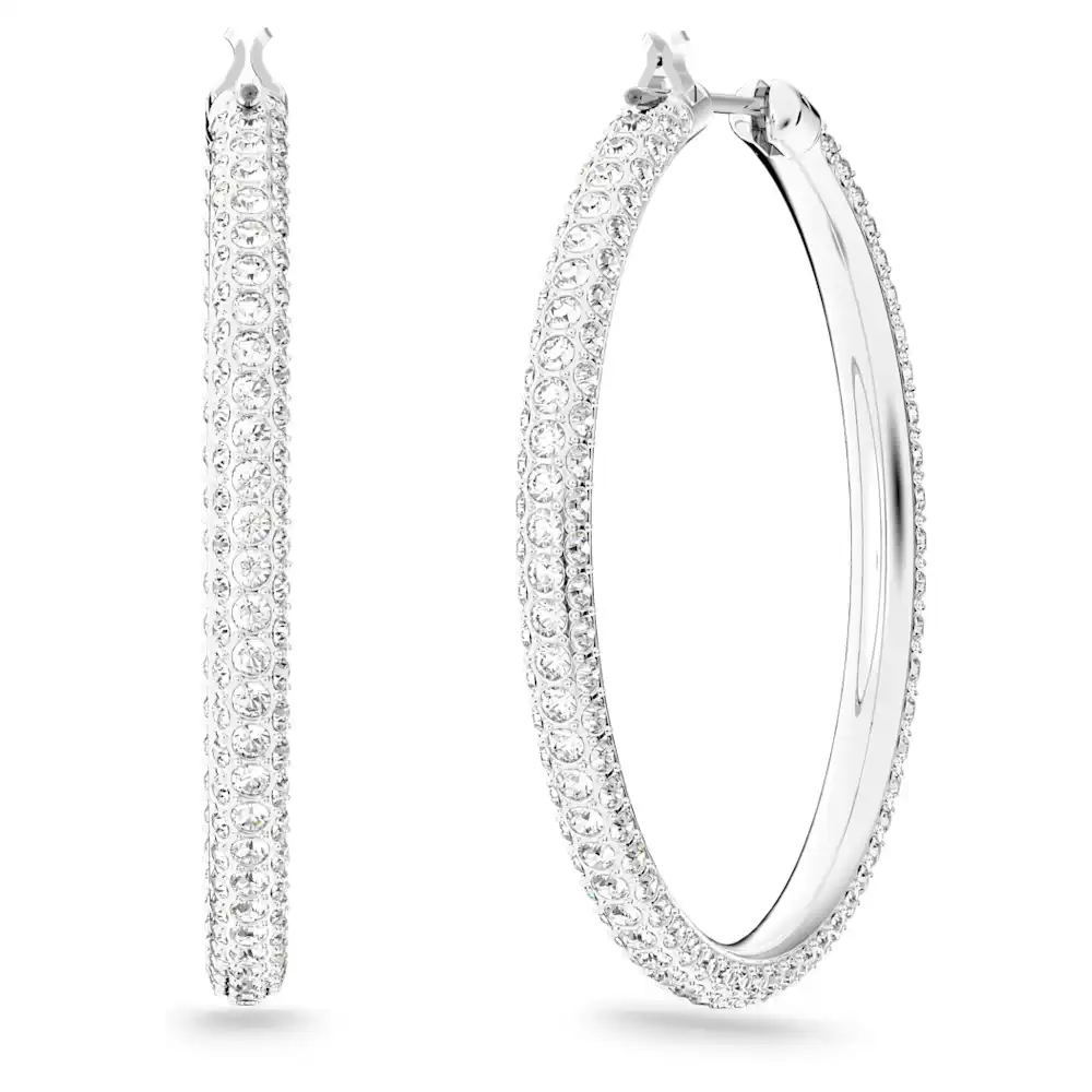 스와로브스키 Swarovski Stone hoop earrings, Pave, Large, White, Rhodium plated