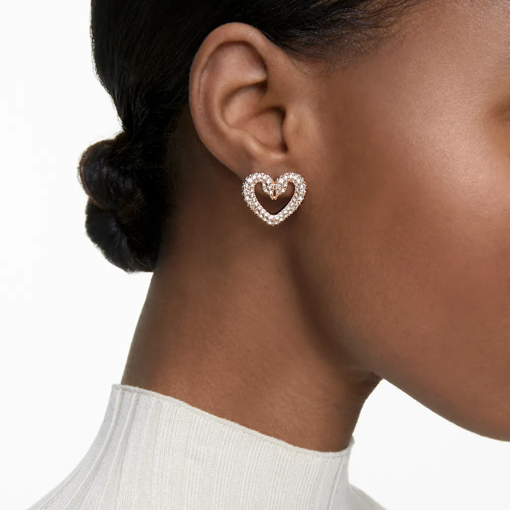 스와로브스키 Swarovski Una stud earrings, Pave, Heart, Medium, White, Rose gold-tone plated