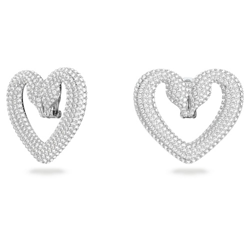 스와로브스키 Swarovski Una clip earrings, Heart, Large, White, Rhodium plated