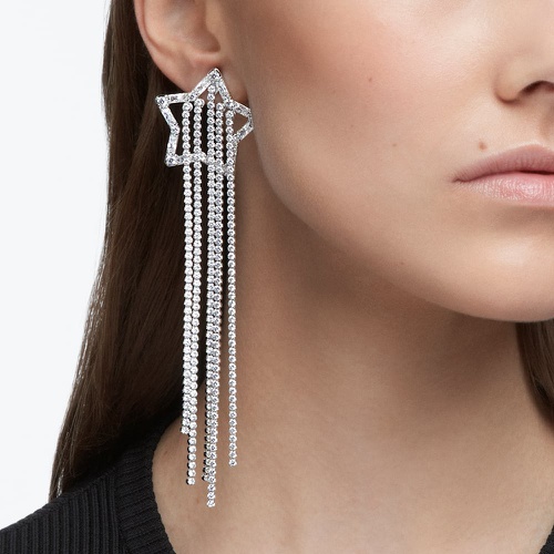 스와로브스키 Swarovski Stella clip earrings, Shooting star, White, Rhodium plated