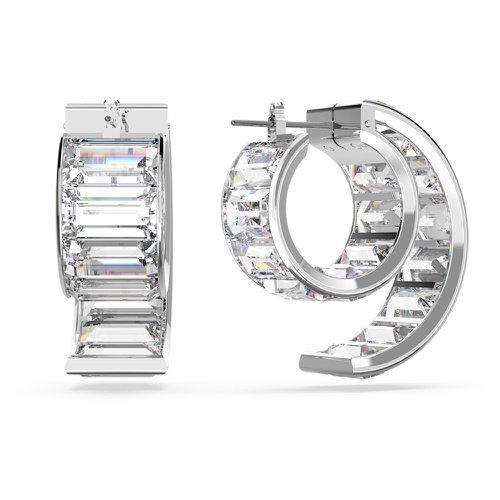 스와로브스키 Swarovski Matrix hoop earrings, Baguette cut, White, Rhodium plated