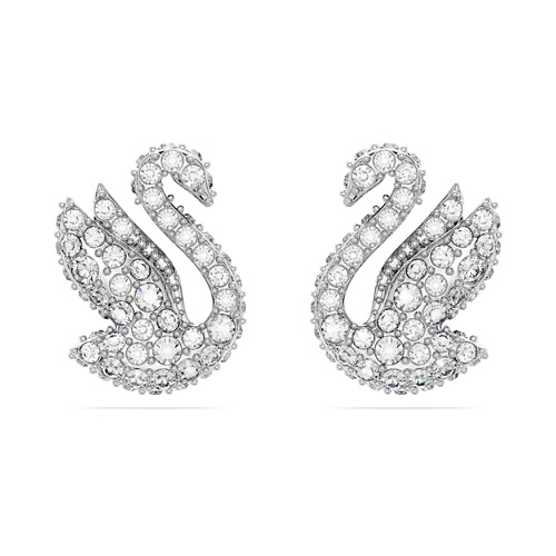 스와로브스키 Swarovski Iconic Swan stud earrings, Swan, White, Rhodium plated