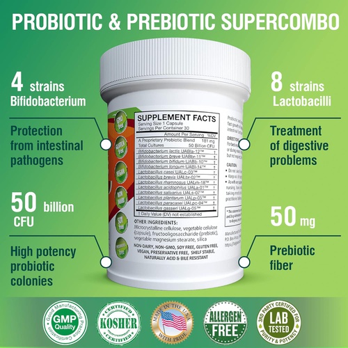  TAIGASEA 50 Billion CFU Prebiotic and Probiotic Supplement for Women and Men, 12 Strains for Daily Immune Support and Digestive Health, 30 Veggie Capsules, Non Refrigerated High Po