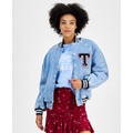 Womens Denim Snap-Front Cotton Letterman Jacket