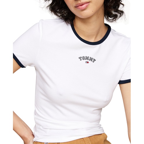 타미힐피거 Womens Contrast-Edge Slim-Fit Logo T-Shirt