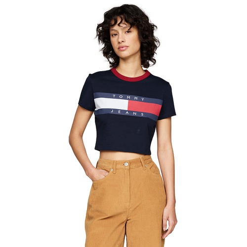 타미힐피거 Womens Cotton Cropped Flag-Logo T-Shirt