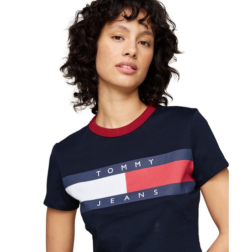 타미힐피거 Womens Cotton Cropped Flag-Logo T-Shirt