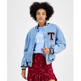 Womens Denim Snap-Front Cotton Letterman Jacket