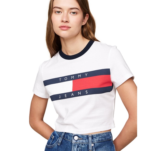 타미힐피거 Womens Cotton Cropped Flag-Logo T-Shirt