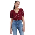 Womens Floral Balloon-Sleeve Tie-Front Blouse