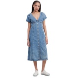 Womens Short Sleeve Button-Front Denim Midi Dress