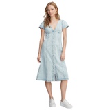 Womens Short-Sleeve Button-Up Denim Midi Dress