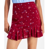 Womens Floral High Rise Flounce Mini Skirt